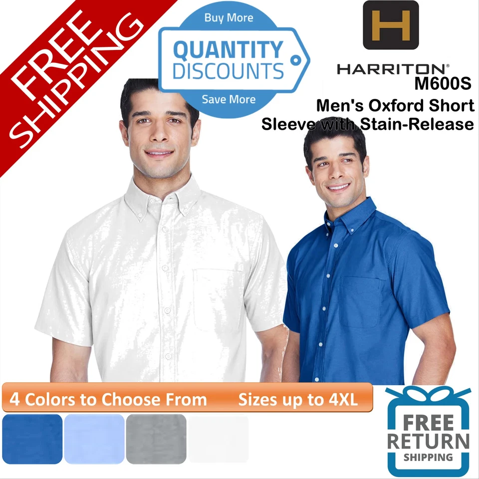 🔥 Harriton Men's Oxford Short Sleeve with Stain-Release Up To 4XL M600S - Image 1 of 1