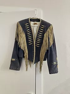 Vintage 90s navy suede western L jacket with fringes- Frontier Collection - Picture 1 of 6