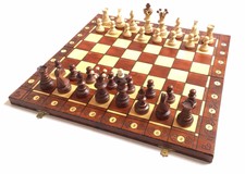 Vintage Wooden Chess Set Fold Up Board with Pieces Storage Inside Brass Fixtures