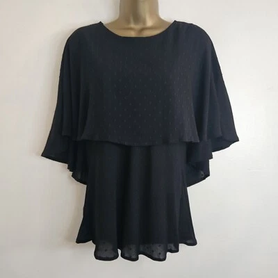 NEW Ex WALLIS 10-16 Spotted Chiffon Cape Batwing Keyhole Black Tunic Blouse Top - Image 1 of 4