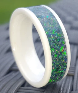 Green Opal In A white ceramic ring jewellery wedding ring Engagement Anniversary - Picture 1 of 13