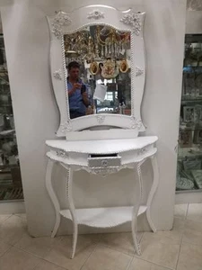 ENTRATINA CONSOLLE E SPECCHIO IN LEGNO BIANCO E FOGLIA ARGENTO FIORI CRISTRALLI - Foto 1 di 1