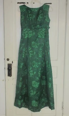 Vintage 60's Emerald Green Floral Brocade Gown with Empire Waist and Train sz2/4 - Image 1 of 4