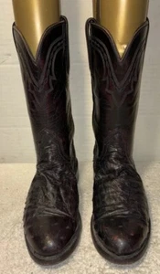 Vtg Lucchese 2000 BLACK CHERRY Leather  Full  OSTRICH Quill Boots Men Size 7.5 B - Picture 1 of 14