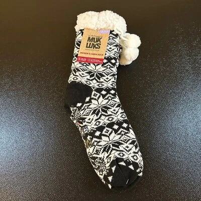 Calcetines de cabina MUK LUKS cálidos acogedores forrados difusos pompón negros para mujer L/XL 8-10 NUEVOS CON ETIQUETAS Foto 1 de 4