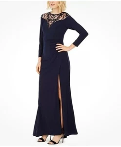 Vestido Jersey Adriana Papell Manga Larga Lentejuelas Encaje Escote Azul Marino Talla 12 NUEVO - Imagen 1 de 22