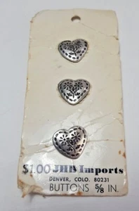 3 Vintage 5/8" JHB Heart Shaped Flower Design Buttons Silver Tone Metal NOS - Picture 1 of 4