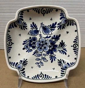 Vintage Delft Pottery De Delftse Hand Painted Blue White Quatrefoil 5.25” Dish - Picture 1 of 4
