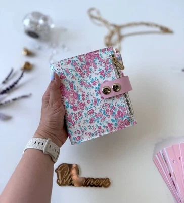 Pink leather notebook cover A7, 2 rings mini wallet planner 2026. - Image 1 of 4