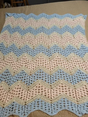 Homemade Crochet Baby Blanket Blue,white And Pink - Image 1 of 4