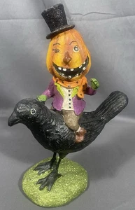 Halloween Pumpkin Man Figurine Riding Crow 10" Decoration Raven Black Bird - Picture 1 of 10