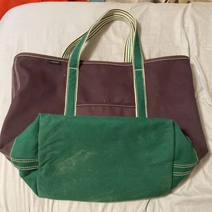 Vintage 90s Deluxe Lands End Boat Tote Canvas Bag Blue Green Made In USA - Picture 1 of 12
