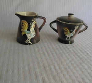 Vintage Ceramic Rooster Creamer and Sugar Bowl w/Lid Purple - Picture 1 of 5