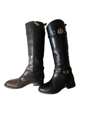 Botas de montar altas Tory Burch Calista de cuero negro, talla 7M, clásicas preppy  Foto 1 de 4