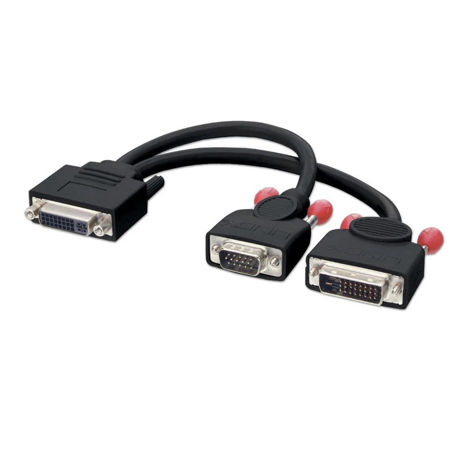 NEW Lindy DVI-I Female to DVI-D Male & VGA Male Splitter Cable Black 25cm 41204 - Image 1 of 1