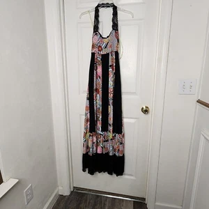 Petit Pois Black Multi Print Maxi Halter Dress Sz. XS - Picture 1 of 4