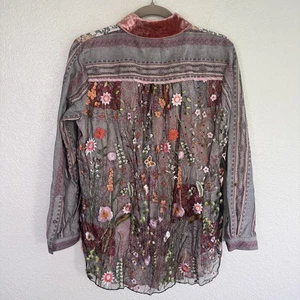 John Mark Top Womens Small Embroidered Floral Mix Art Blouse Boho Button Up Shir - Picture 1 of 14