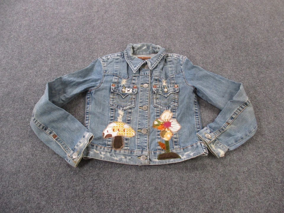 Chaqueta True Religion Mujer L Azul Jean Denim Boho Parches Floral Camionero Trabajo Foto 1 de 4
