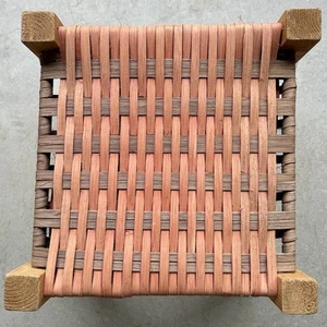 Handmade Vtg Woven Cane Wooden Foot Stool Unfinished Wood Tan & Orange Strap - Picture 1 of 13