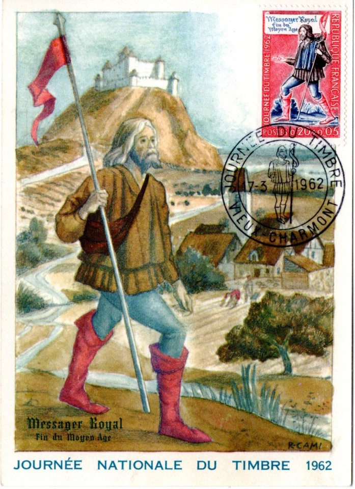 1332 + FDC  CARTE  1er JOUR   JOURNEE DU  TIMBRE 1962  MESSAGER DU MOYEN AGE - Photo 1/1