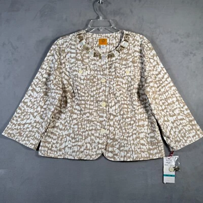 Ruby Rd Blazer Jacket Womens 16 Beige White All Over Print Beaded 3/4 Sleeve NEW - Image 1 of 4