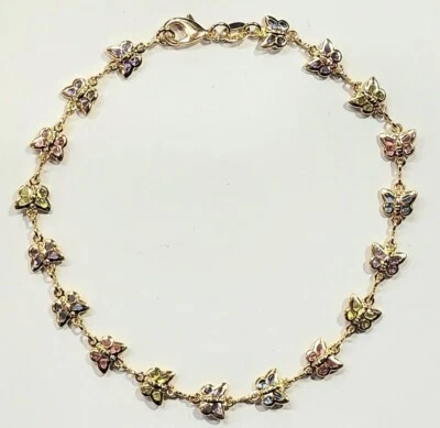 14k Gold Filled Butterfly Ankle Bracelet 9.75 inches Long Multi-Color Stones #30 - Image 1 of 3
