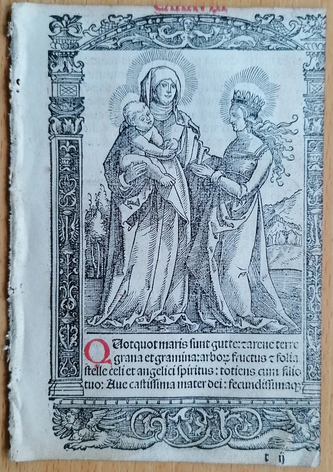 Оригинальная большая гравюра на дереве Maria Child Post Incunable Leaf Hortulus Animae — 1516 - Изображение 1 из 1