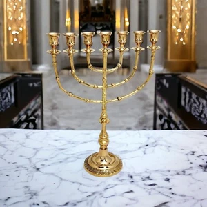 Autentico ottone Menorah oro 7 rami tempio di Gerusalemme 14" - 35 cm 7 rami - Foto 1 di 20