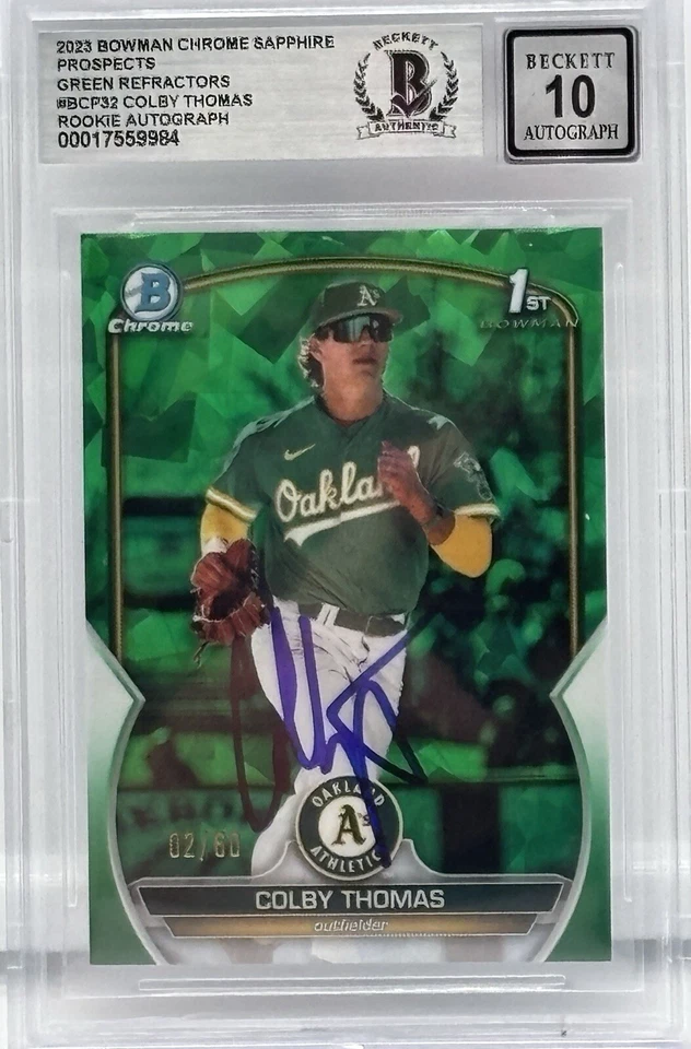 Colby Thomas Signed 2023 Bowman Green Sapphire Chrome #BCP-32 BAS Rookie Auto 10 - Image 1 of 2