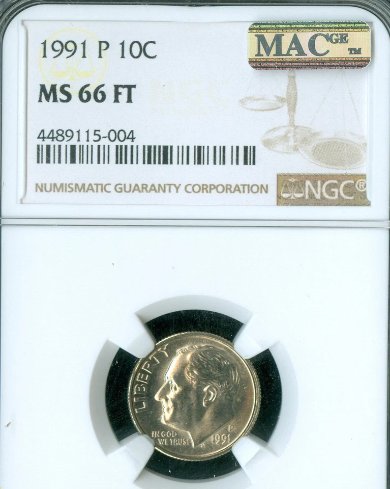 1991 P ROOSEVELT DIME NGC MS66 FT PQ 2ND FINEST MAC SPOTLESS VERY RARE POP 3  . - Image 1 of 2