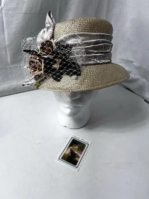 Hopeless Romantic straw boater hat silver-grey ribbon band pink roses In veil - Image 1 of 4