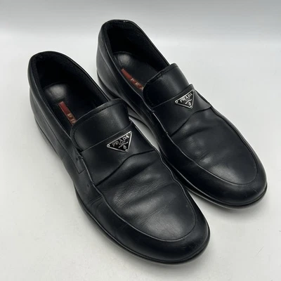 Prada Loafers Mens 7.5 Triangle Logo Black Leather Slip On Classic Italy Preppy - Image 1 of 4