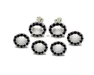925 Sterling Silver Moonstone & Sapphire Gemstone Men's Cufflinks & buttons set - Picture 1 of 5