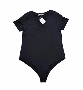 New Mango pop Bodysuit Short Sleeve Black Stretch Top Womens Large One Piece NWT - Picture 1 of 3