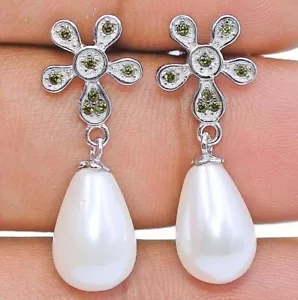 Fresh Water Pearl & Peridot 925 Solid Sterling Silver Earrings Jewelry Y3-2 - Picture 1 of 2