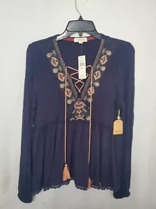 NWT Women’s Taylor and Sage Blue Long Sleeve Blouse with Tassels Size Large - Picture 1 of 11