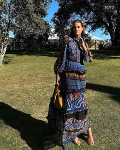 2024 nuova gonna lunga patchwork scollo ad O retrò da donna con maniche a lanterna - Foto 1 di 26