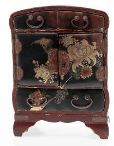 Old Japanese Lacquer Cabinet Jewelry Box Chest 10x8in 1.5lbs Hand Painted Used - Picture 1 of 24