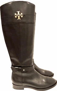Tory Burch Everly Riding Boots Tall Flat Equestrian Booties Sz 9.5 Gold Logo - Picture 1 of 8