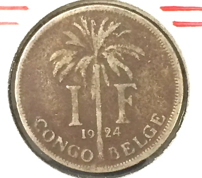 1924 CONGO-BELGE 1 FRANC WORLD COIN ALBERT I DUTCH TEXT - Image 1 of 2