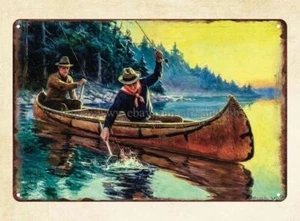 inexpensive home decor Frank Stick painting fishing canoe metal tin sign - Picture 1 of 4