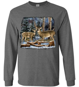 White-Tailed Deer Winter Scene Wildlife T-shirt Mens Long Sleeve Tee - Picture 1 of 1