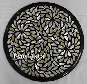 Round Black Marble Coffee Table Top Mother of Pearl Ranodm Work Patio End Table