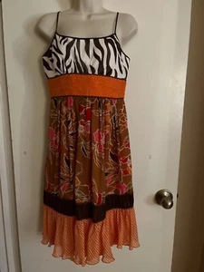 Max and Cleo Silk dress Sz 8 bra insert lined spagetti straps Brown orange print - Picture 1 of 11