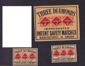 3 Ancienne étiquette allumettes Suède BN186195 Trois Diamants - Picture 1 of 1