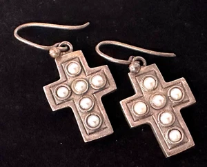 Vintage Earrings MARKED 925 STERLING SILVER Pierced Dangle Cross Jewelry lot y - Picture 1 of 3