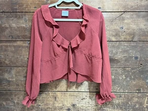 Donna Mizani Womens Long Sleeve V Neck Ruffle Blouse Red Size Medium - Picture 1 of 5