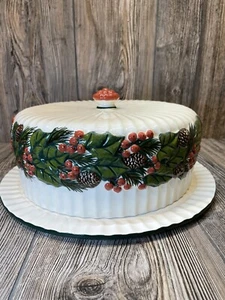 Vintage Christmas Cake Plate Holder +Dome White with Holly Leaves & Red Berries - Picture 1 of 14