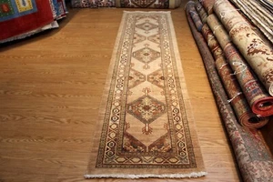 _HANDMADE_ORIENTAL_RUG 10 Ft. RUNNER VEGGIE dye Camel Salmon green *WOOL-RUG*** - Picture 1 of 11