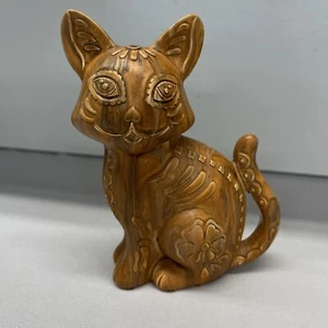 Statuina gatto 5" unica in legno a righe tigre vintage - Foto 1 di 14